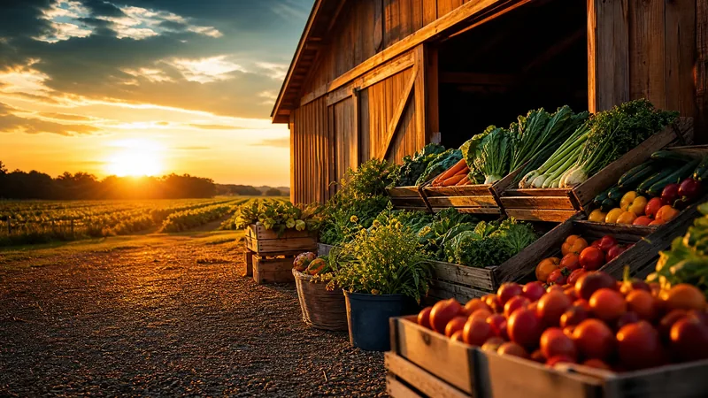 Farm stand with crates of produce beside a barn, How to Start a Hemp Farm in Kansas