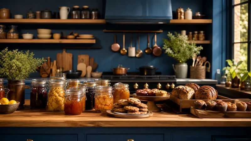 Home kitchen counter with jars and baked goods ready for market, Kansas Cottage Food Law