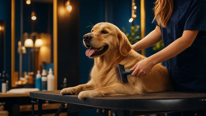 Groomer brushing a calm dog on a grooming table, How to Start a Veterinary Clinic in Kansas