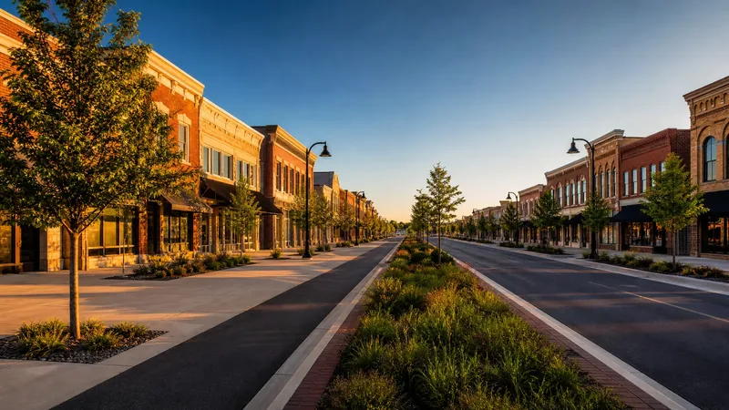 Midwestern suburban main street of low brick and stone commercial buildings with young street trees, Lenexa Business License