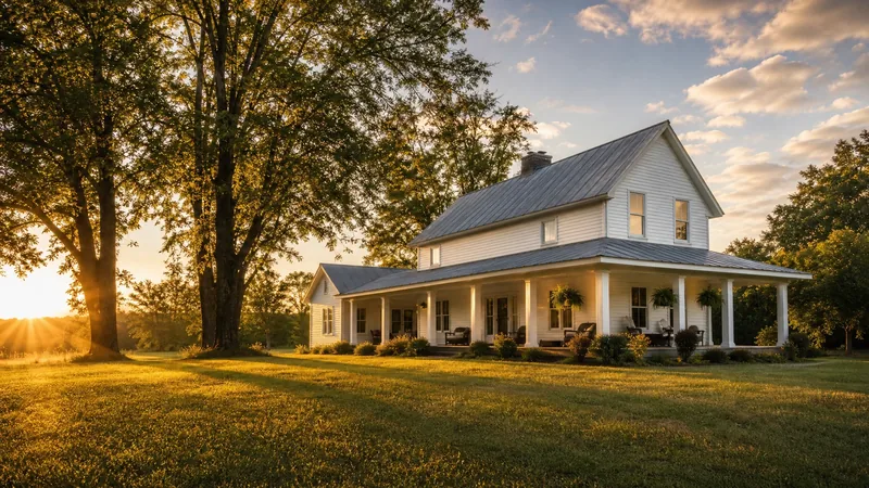 White farmhouse with a wide porch among trees at golden hour, Kansas Short-Term Rental Laws and Lodging Tax by City