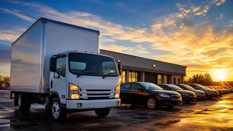 Box truck and cars outside a small auto lot, How to Start a Used Car Dealership in Kansas